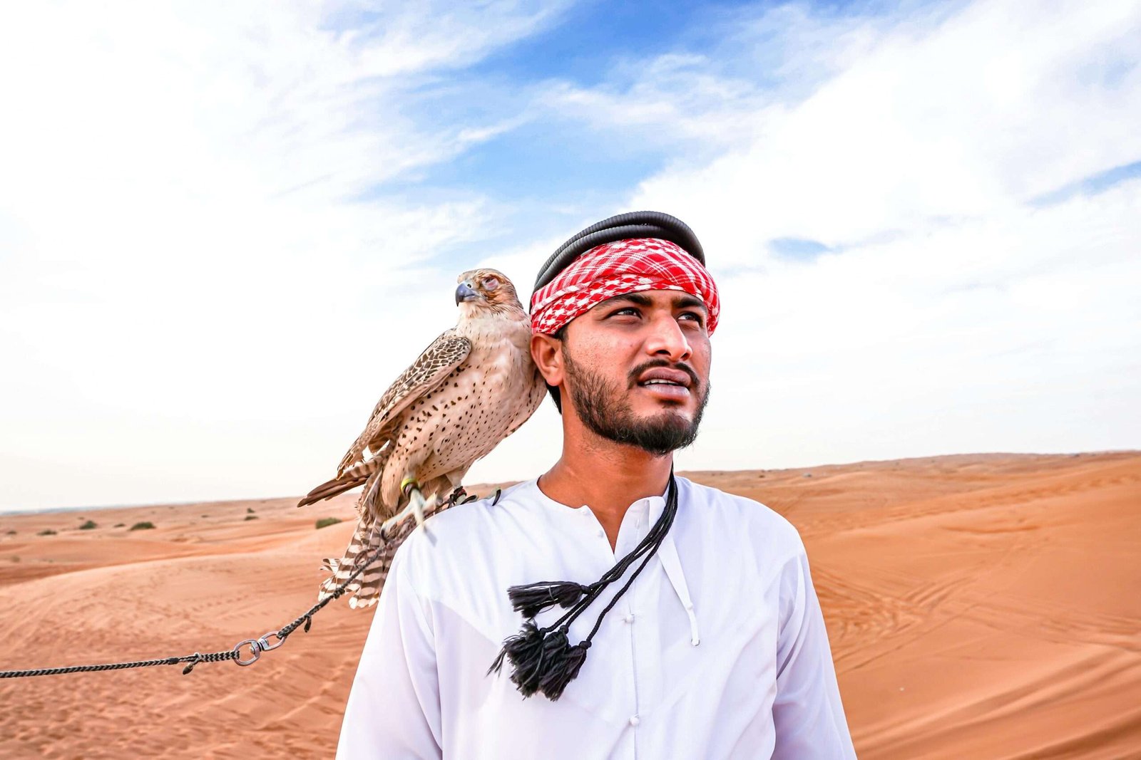 Portrait of an Arab man with a falcon on his shoulder, standing in the desert.